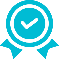 Blue checkmark badge on black background.