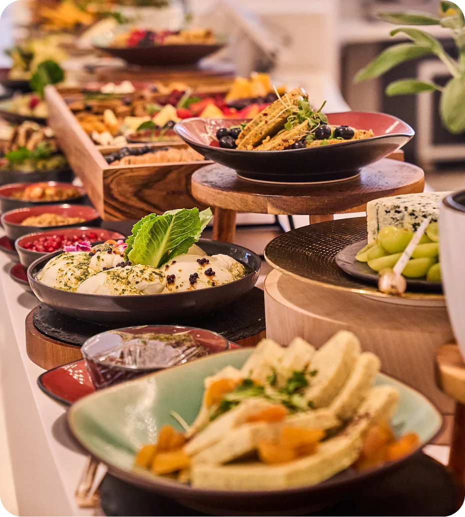Assorted appetizers on a buffet table.