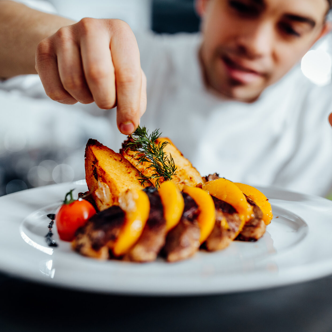 Shot of a young chef decorating meal in the kitchen
